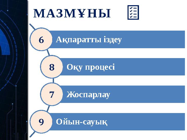 МАЗМҰНЫ Ақпаратты іздеу Оқу процесі Жоспарлау Ойын-сауық