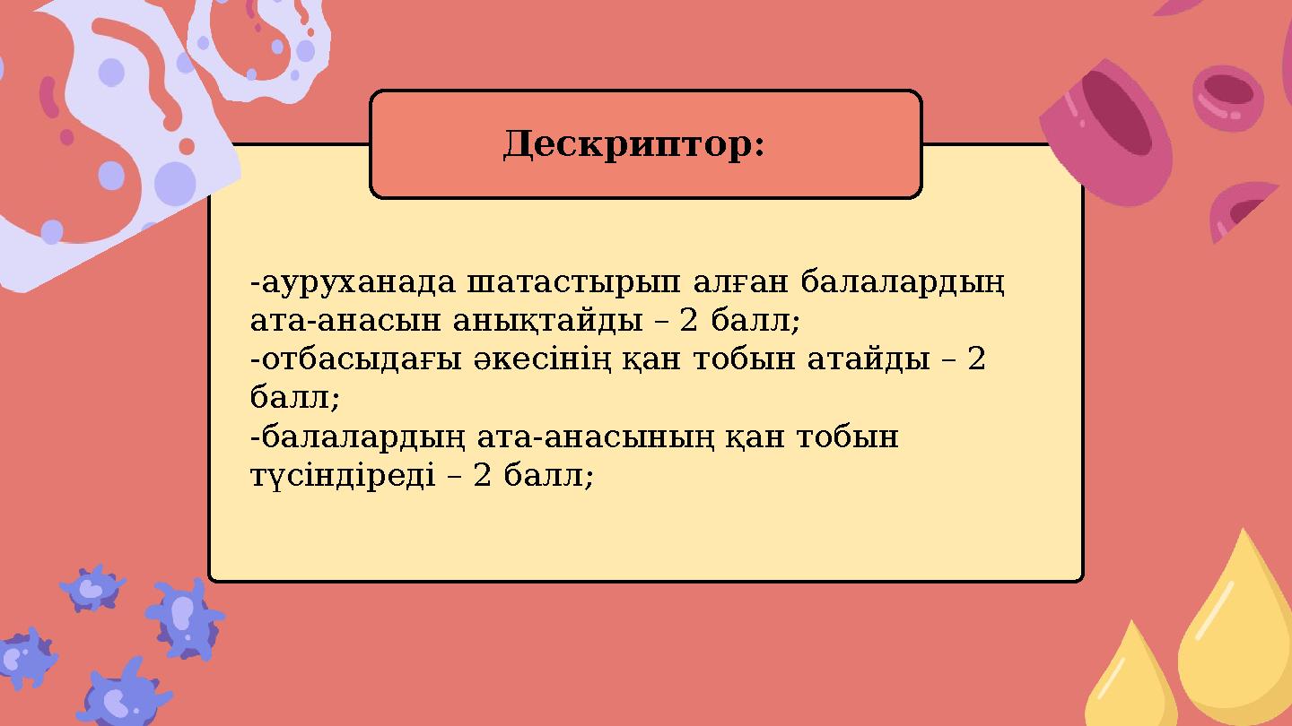 -ауруханада шатастырып алған балалардың ата-анасын анықтайды – 2 балл; -отбасыдағы әкесінің қан тобын атайды – 2 балл; -балал