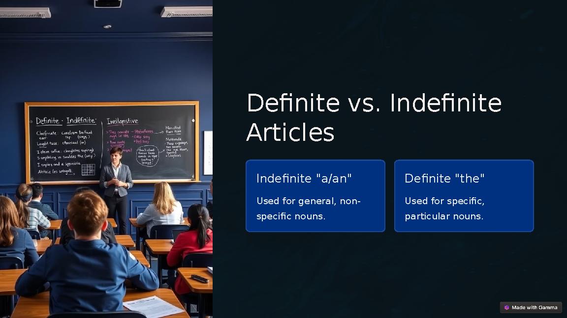 Definite vs. Indefinite Articles Indefinite "a/an" Used for general, non- specific nouns. Definite "the" Used for specific, p