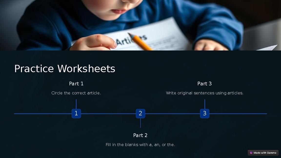 Practice Worksheets 1 Part 1 Circle the correct article. 2 Part 2 Fill in the blanks with a, an, or the. 3 Part 3 Write origina