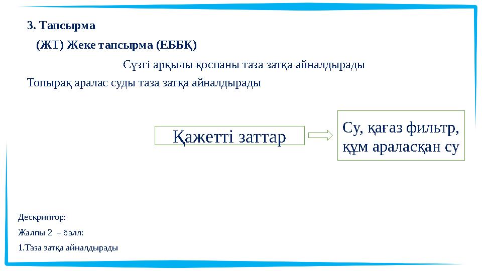 3. Тапсырма (ЖТ) Жеке тапсырма (ЕББҚ) Сүзгі арқылы қоспаны таза затқа айналдырады Топырақ аралас суды таза затқа айналдырады Дес