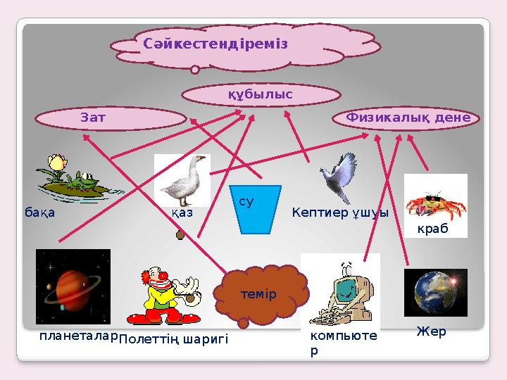 Сәйкестендіреміз Зат Физикалық дене құбылыс темір су бақа краб планеталар Полеттің шаригі Жер қаз Кептиер ұшуы компьюте р