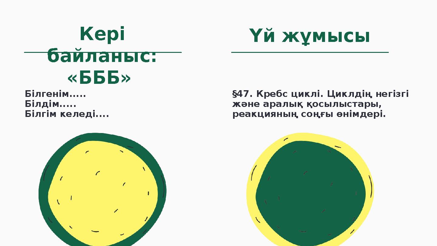 Кері байланыс: «БББ» Үй жұмысы §47. Кребс циклі. Циклдің негізгі және аралық қосылыстары, реакцияның соңғы өнімдері. Білген