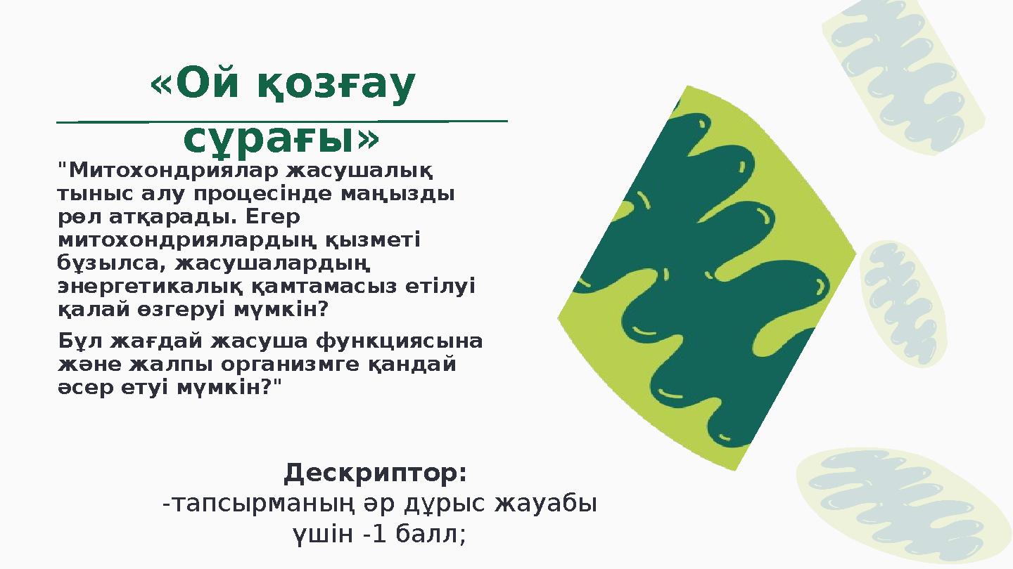 «Ой қозғау сұрағы» "Митохондриялар жасушалық тыныс алу процесінде маңызды рөл атқарады. Егер митохондриялардың қызметі бұзы