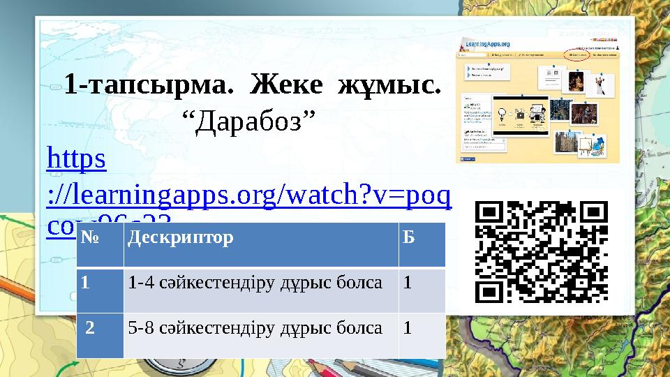 1-тапсырма. Жеке жұмыс. “Дарабоз” https ://learningapps.org/watch?v=poq cow96c23 №Дескриптор Б 11-4 сәйкестендіру дұрыс бол