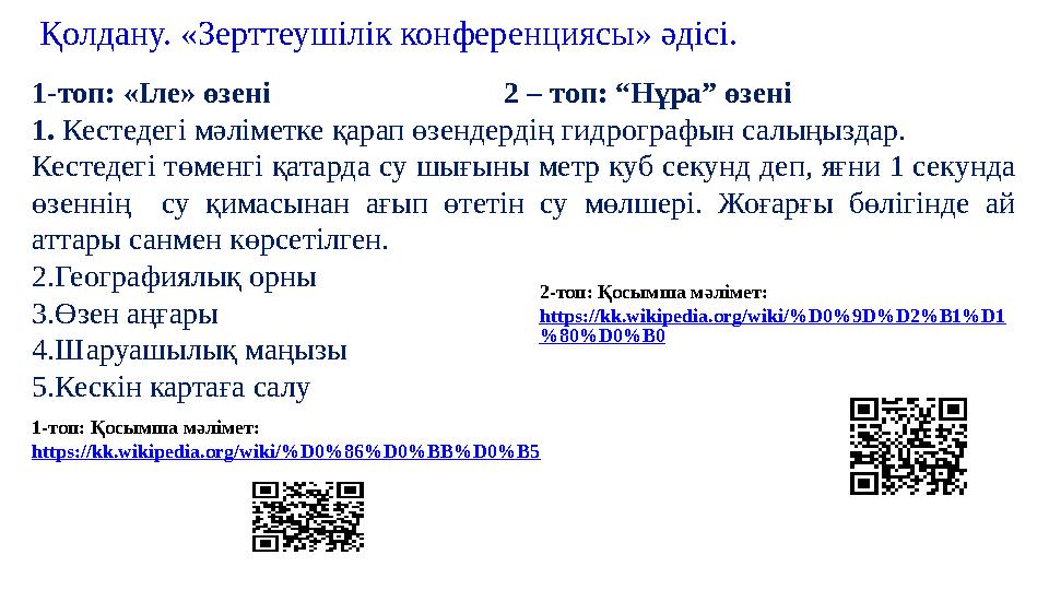 1-топ: «Іле» өзені 2 – топ: “Нұра” өзені 1. Кестедегі мәліметке қарап өзендердің гидрографын салыңыздар. Кестедегі төменгі қатар
