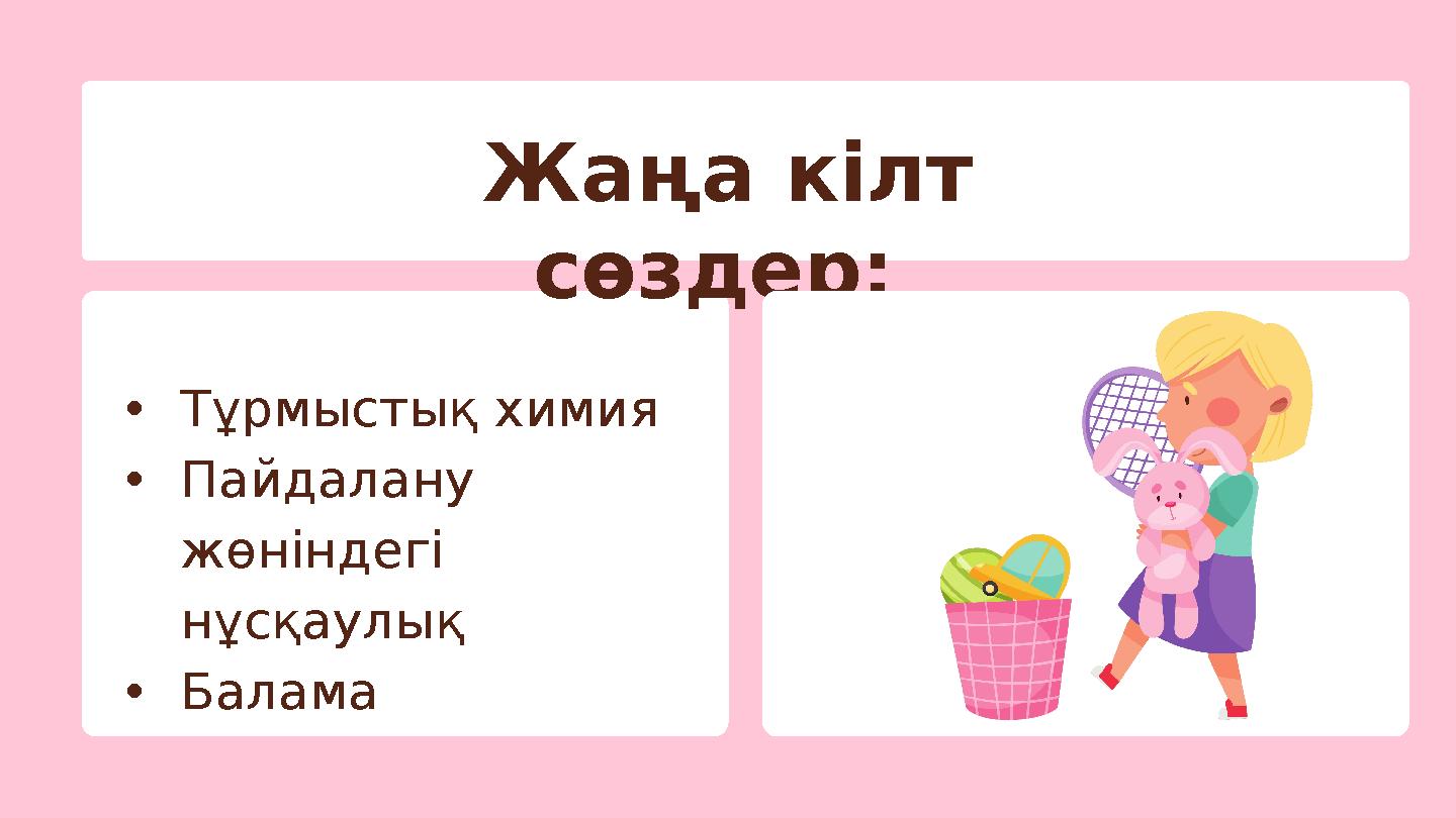 Жаңа кілт сөздер: •Тұрмыстық химия •Пайдалану жөніндегі нұсқаулық •Балама