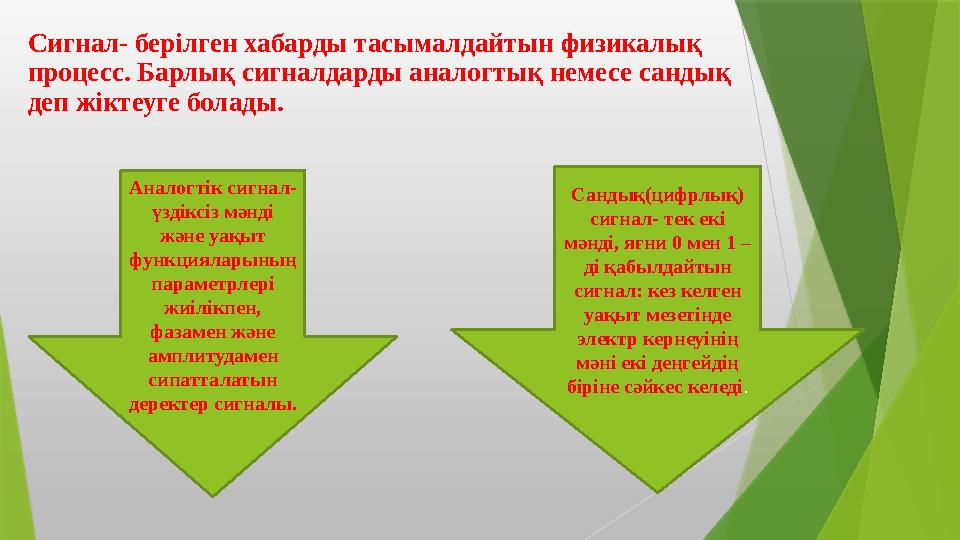 Сигнал- берілген хабарды тасымалдайтын физикалық процесс. Барлық сигналдарды аналогтық немесе сандық деп жікте