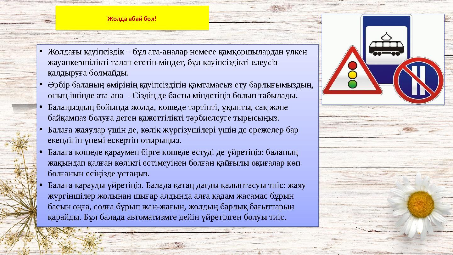 Жолда абай бол! •Жолдағы қауіпсіздік – бұл ата-аналар немесе қамқоршылардан үлкен жауапкершілікті талап ететін міндет, бұл қа