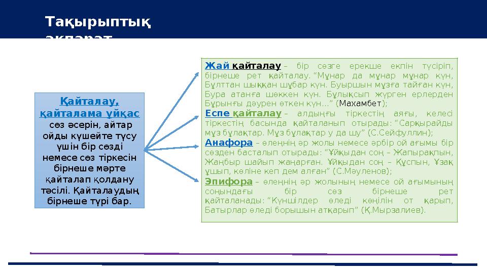 37 Частных детских сада 43 Мини-центра Жай қайталау – бір сөзге ерекше екпін түсіріп, бірнеше рет қайталау. “Мұнар да мұнар мұ