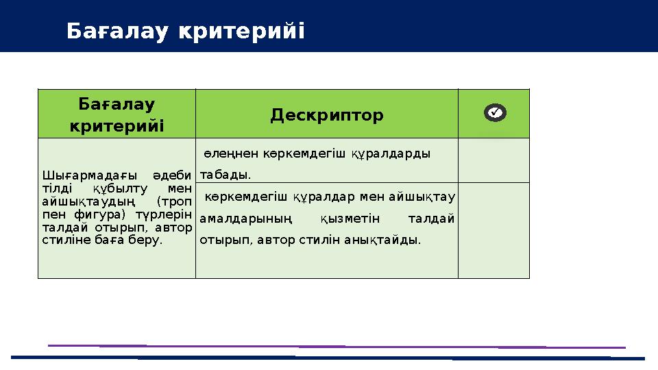 43 Мини-центра Бағалау критерийі Бағалау критерийі Дескриптор Шығармадағы әдеби тілді құбылту мен айшықтаудың (троп пен фиг