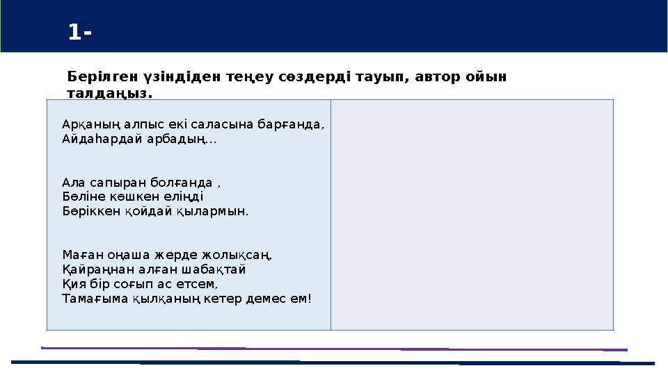 Берілген үзіндіден теңеу сөздерді тауып, автор ойын талдаңыз. 1- тапсырма Арқаның алпыс екі саласына барғанда, Айдаһардай арбад