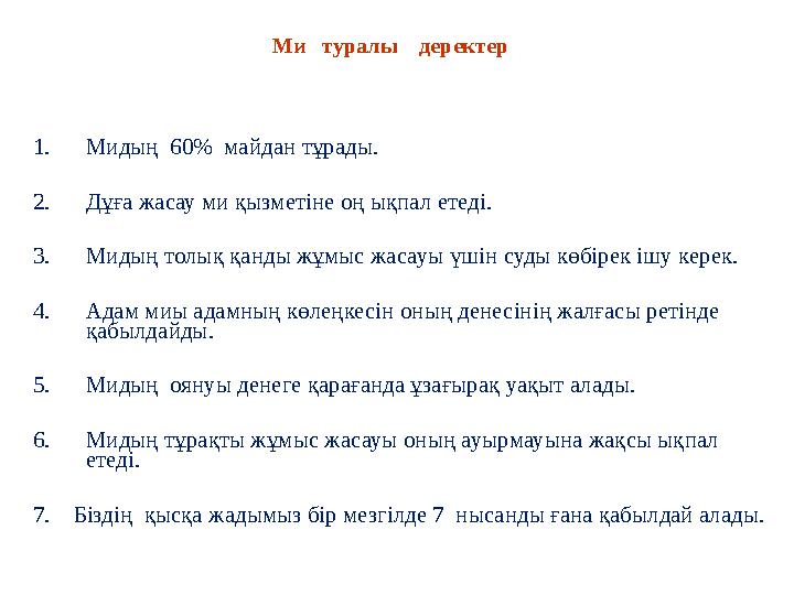 Ми туралы деректер 1.Мидың 60% майдан тұрады. 2.Дұға жасау ми қызметіне оң ықпал етеді. 3.Мидың толық қанды жұмыс жасауы