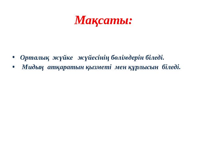 Мақсаты: •Орталық жүйке жүйесінің бөлімдерін біледі. • Мидың атқаратын қызметі мен құрлысын біледі.