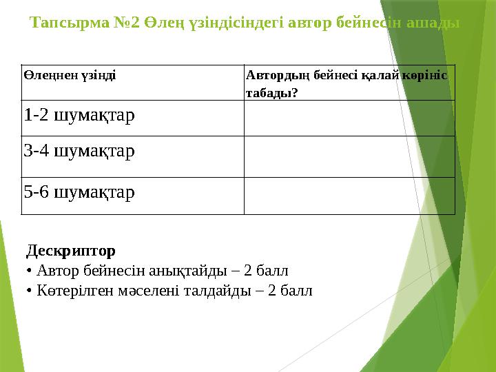 Тапсырма №2 Өлең үзіндісіндегі автор бейнесін ашады Өлеңнен үзінді Автордың бейнесі қалай көрініс табады? 1-2