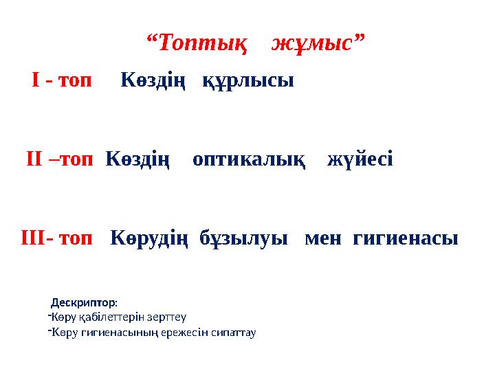 І - топ Көздің құрлысы ІІ –топ Көздің оптикалық жүйесі ІІІ- топ Көрудің бұзылуы мен гигиенасы “Топтық жұ