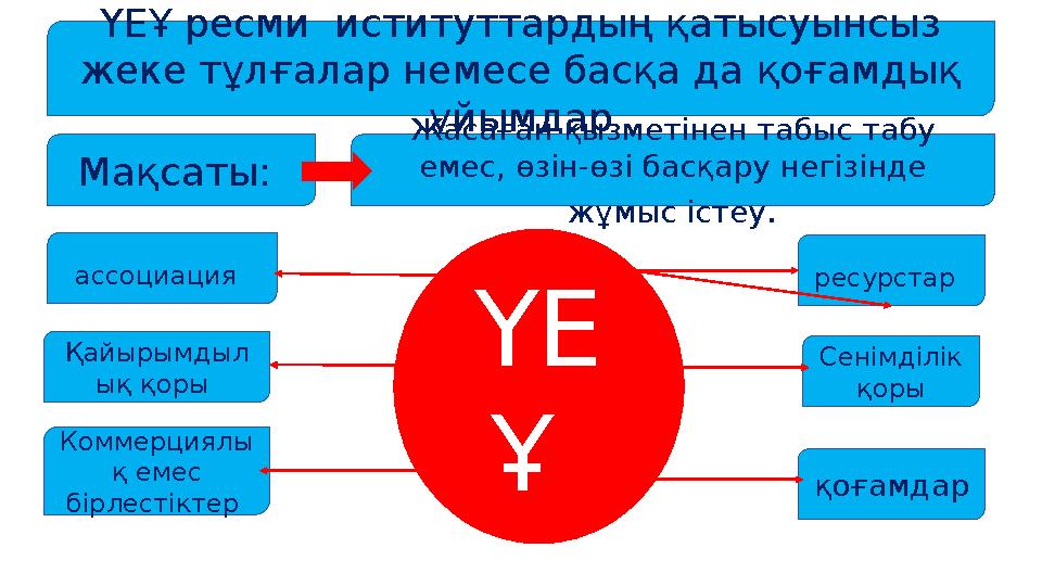 ҮЕҰ ресми иституттардың қатысуынсыз жеке тұлғалар немесе басқа да қоғамдық ұйымдар Мақсаты: Жасаған қызметінен табыс табу е