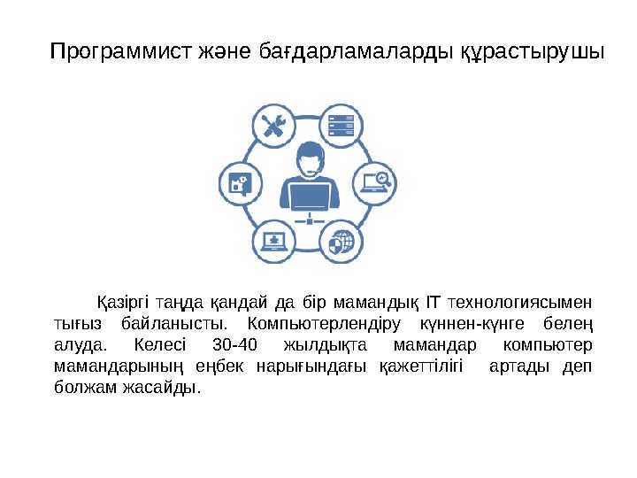 Программист және бағдарламаларды құрастырушы Қазіргі таңда қандай да бір мамандық IT технологиясымен тығыз байланысты. Ко