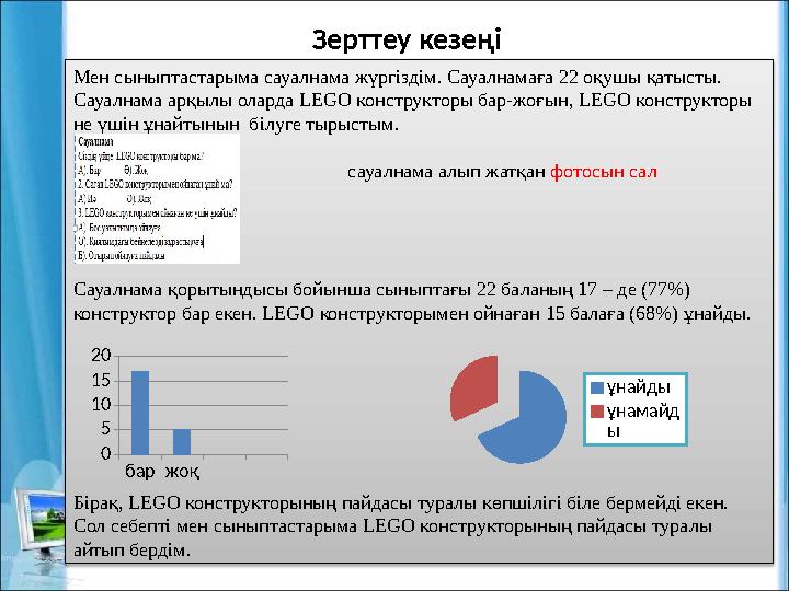Зерттеу кезеңі Мен сыныптастарыма сауалнама жүргіздім. Сауалнамаға 22 оқушы қатысты. Сауалнама арқылы оларда LEGO конструкторы