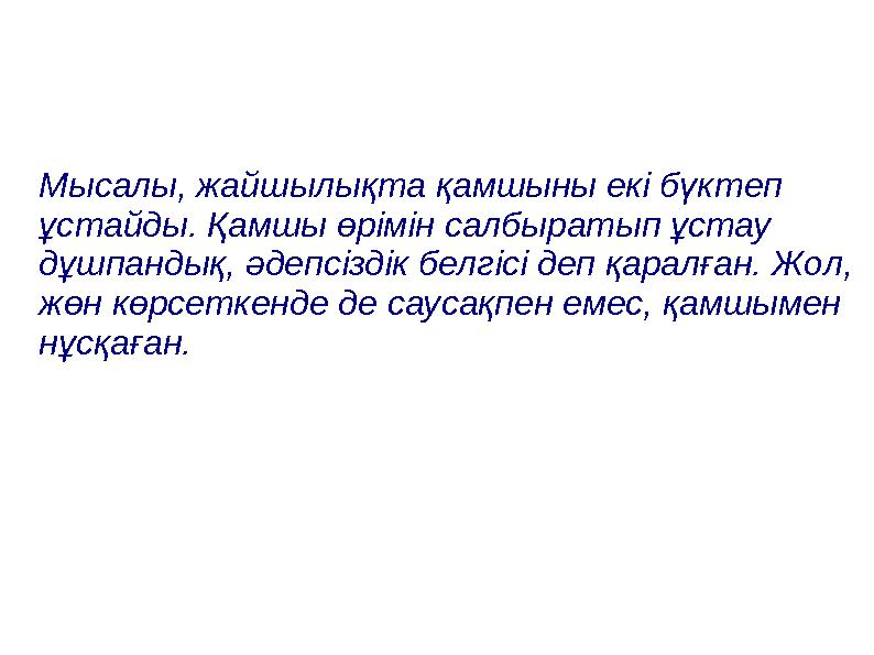 Мысалы, жайшылықта қамшыны екі бүктеп ұстайды. Қамшы өрімін салбыратып ұстау дұшпандық, әдепсіздік белгісі деп қаралған. Жол,