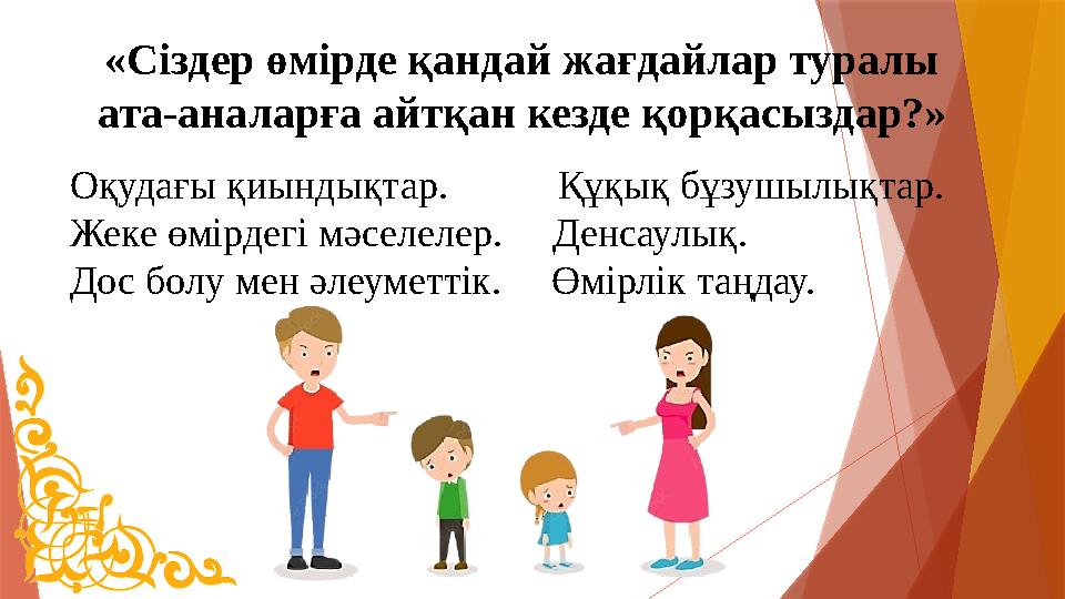 «Сіздер өмірде қандай жағдайлар туралы ата-аналарға айтқан кезде қорқасыздар?» Оқудағы қиындықтар.