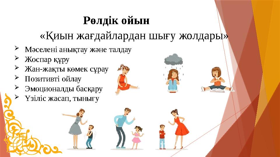 Рөлдік ойын Мәселені анықтау және талдау Жоспар құру Жан-жақты көмек сұрау Позитивті ойлау Эмоционалды ба