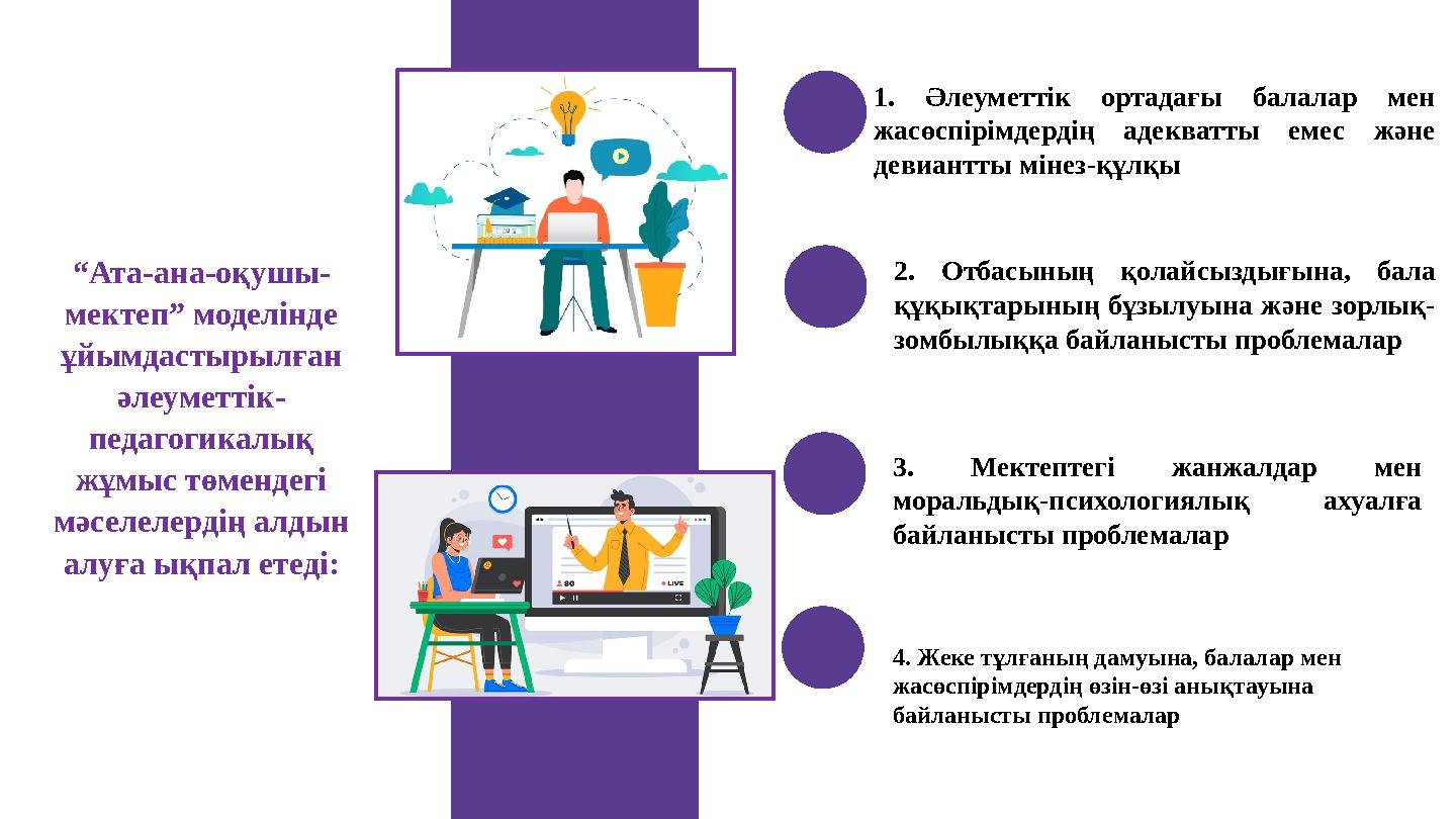 “Ата-ана-оқушы- мектеп” моделінде ұйымдастырылған әлеуметтік- педагогикалық жұмыс төмендегі мәселелердің алдын алуға ықпал