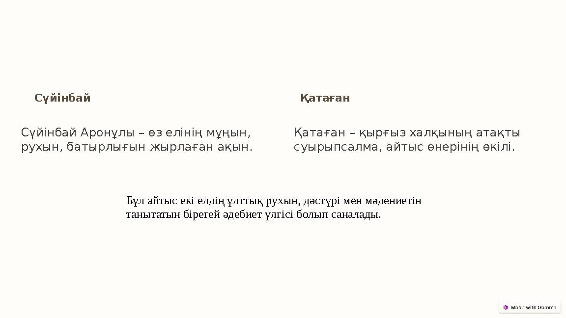 Сүйінбай Сүйінбай Аронұлы – өз елінің мұңын, рухын, батырлығын жырлаған ақын. Қатаған Қатаған – қырғыз халқының атақты суырыпс