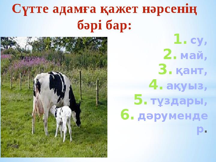 Сүтте адамға қажет нәрсенің бәрі бар: 1.су, 2.май, 3.қант, 4.ақуыз, 5.тұздары, 6.дәруменде р.