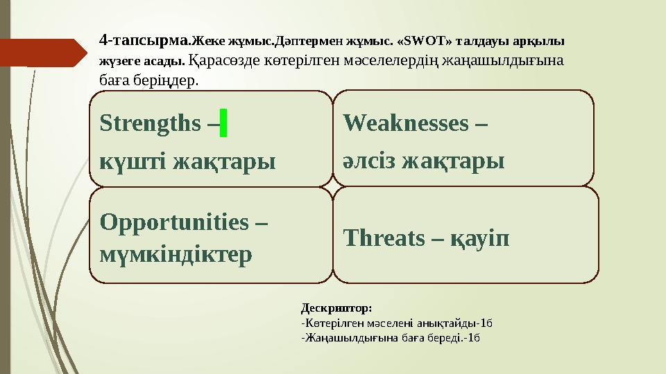 4-тапсырма.Жеке жұмыс.Дәптермен жұмыс. «SWOT» талдауы арқылы жүзеге асады. Қарасөзде көтерілген мәселелердің жаңаш