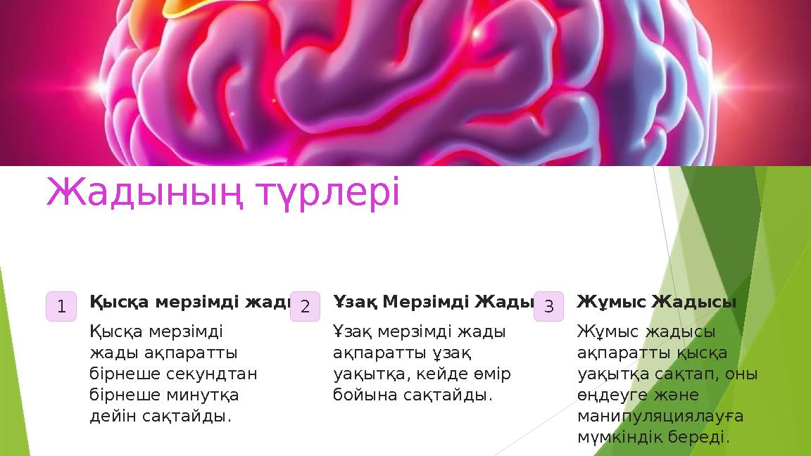 Жадының түрлері 1 Қысқа мерзімді жады Қысқа мерзімді жады ақпаратты бірнеше секундтан бірнеше минутқа дейін