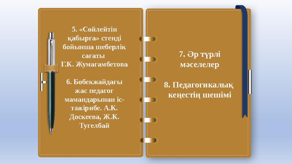 7. Әр түрлі мәселелер 8. Педагогикалық кеңестің шешімі 5. «Сөйлейтін қабырға» стенді бойынша шеберлік сағаты Г.К