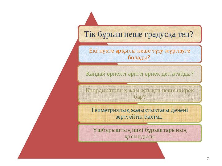 Тік бұрыш неше градусқа тең? Екі нүкте арқылы неше түзу жүргізуге болады? Қандай өрнекті әріпті өрнек деп атайды? Координатал