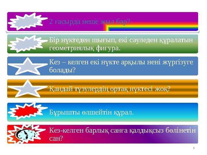 2 ғасырда неше жыл бар? 2 ғасырда неше жыл бар? Бір нүктеден шығып, екі сәуледен құралатын геометриялық фигура. Кез – келген е