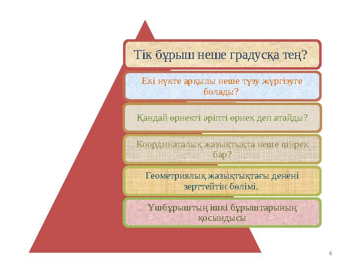 Тік бұрыш неше градусқа тең? Екі нүкте арқылы неше түзу жүргізуге болады? Қандай өрнекті әріпті өрнек деп атайды? Координатал