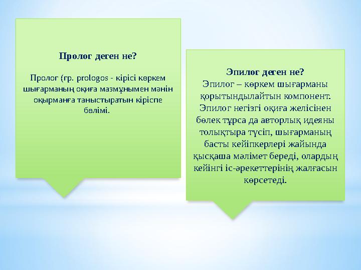 Пролог деген не? Пролог (гр. prologos - кірісі көркем шығарманың оқиға мазмұнымен мәнін оқырманға таныстыратын кіріспе бөлім