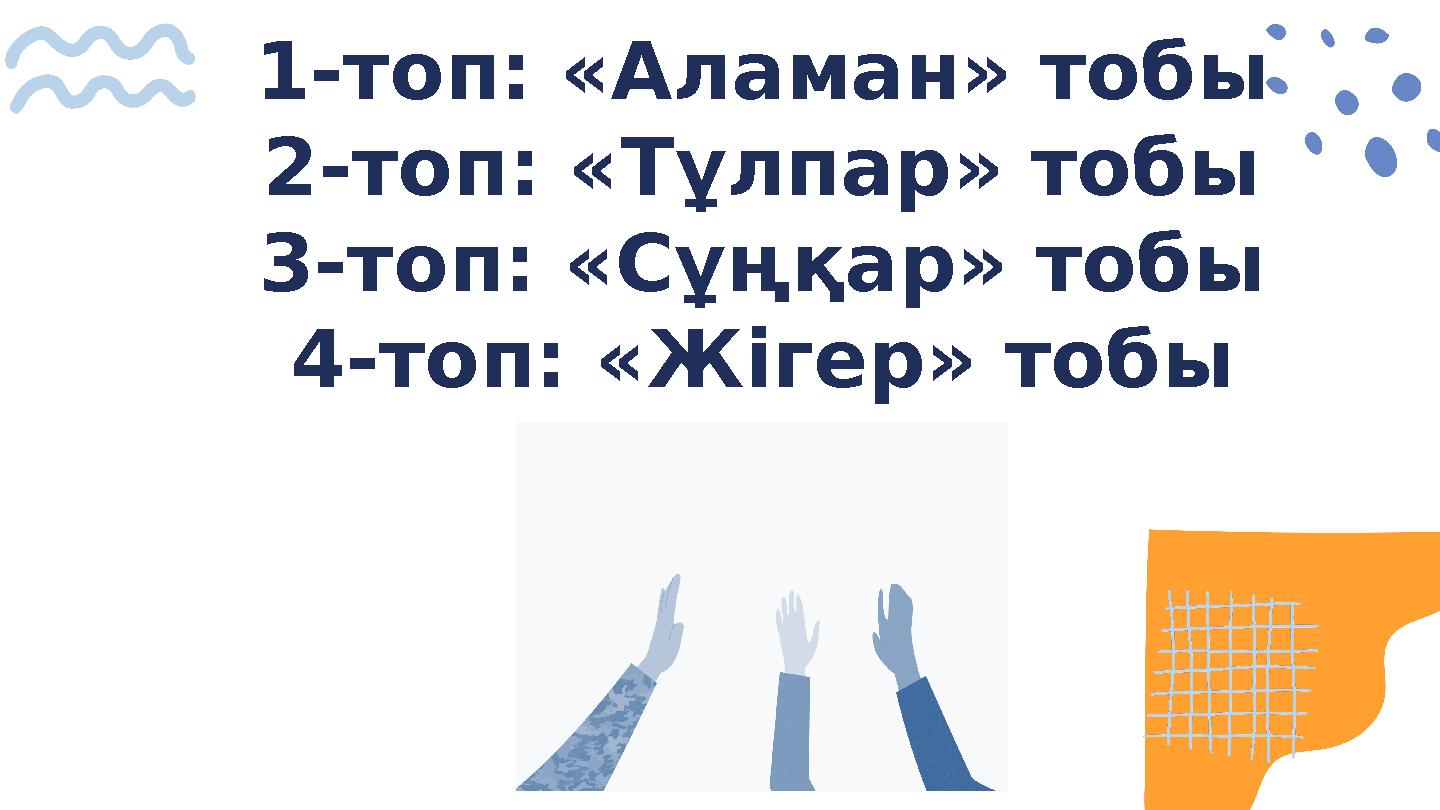 1-топ: «Аламан» тобы 2-топ: «Тұлпар» тобы 3-топ: «Сұңқар» тобы 4-топ: «Жігер» тобы