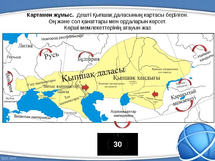 Картамен жұмыс. Дешті Қыпшақ даласының картасы берілген. Оң және сол қанаттары мен ордаларын көрсет. Көрші мемлекеттерінің ат