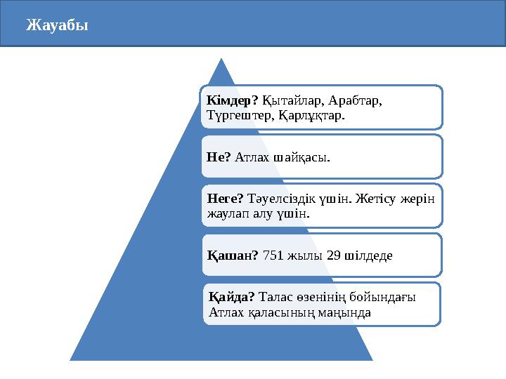Кімдер? Қытайлар, Арабтар, Түргештер, Қарлұқтар. Не? Атлах шайқасы. Неге? Тәуелсіздік үшін. Жетісу жерін жаулап алу үшін