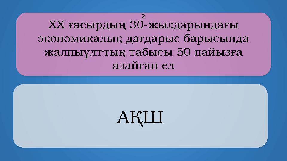 ХХ ғасырдың 30-жылдарындағы экономикалық дағдарыс барысында жалпыұлттық табысы 50 пайызға азайған ел АҚШ 2