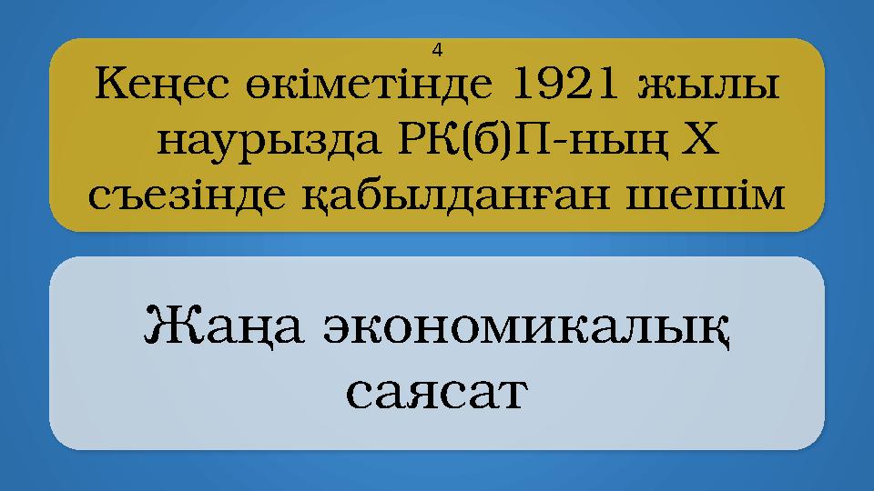 Kеңес өкіметінде 1921 жылы наурызда РК(б)П-ның X съезінде қабылданған шешім Жаңа экономикалық саясат 4