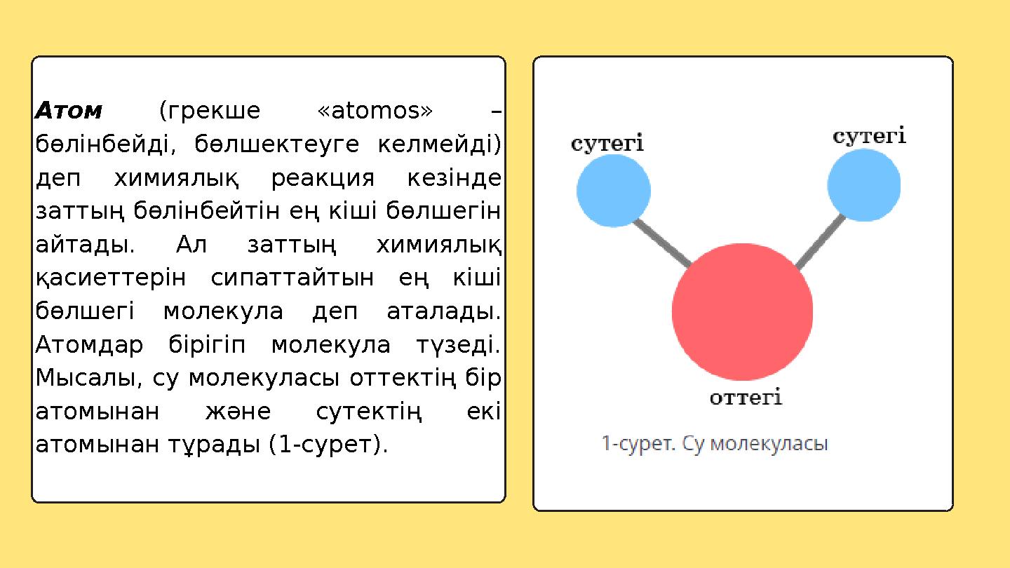 Атом (грекше «atomos» – бөлінбейді, бөлшектеуге келмейді) деп химиялық реакция кезінде заттың бөлінбейтін ең кіші бөлшегін а