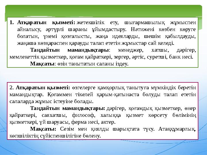 2. Атқаратын қызметі: өзгелерге қамқорлық танытуға мүмкіндік беретін мамандықтар. Қоғаммен тікелей қарым-қатынаста болуды тал