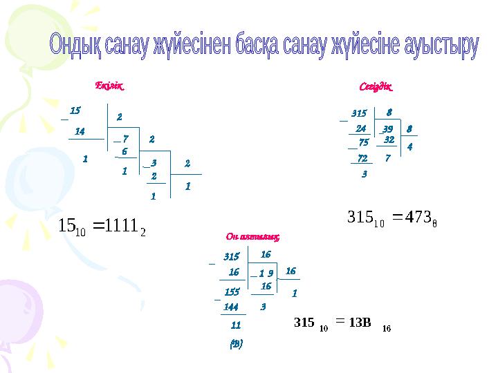 315 24 75 72 3 8 32 7 8 4 31516 916 155 144 11 (В) 16 3 16 1 15 2 2 2 14 1 7 6 1 3 2 1 1 Екілік Сегіздік Он алтылық 210 11