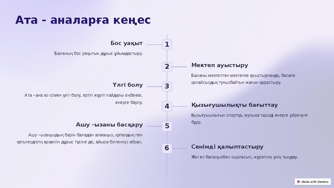 Ата - аналарға кеңес 1 Бос уақыт Баланың бос уақытын дұрыс ұйымдастыру. 2 Мектеп ауыстыру Баланы мектептен мектепке ауыстырғанд