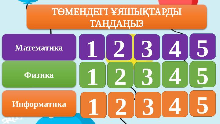 Математика Физика Информатика 123 123 123 ТӨМЕНДЕГІ ҰЯШЫҚТАРДЫ ТАҢДАҢЫЗ 45 45 45