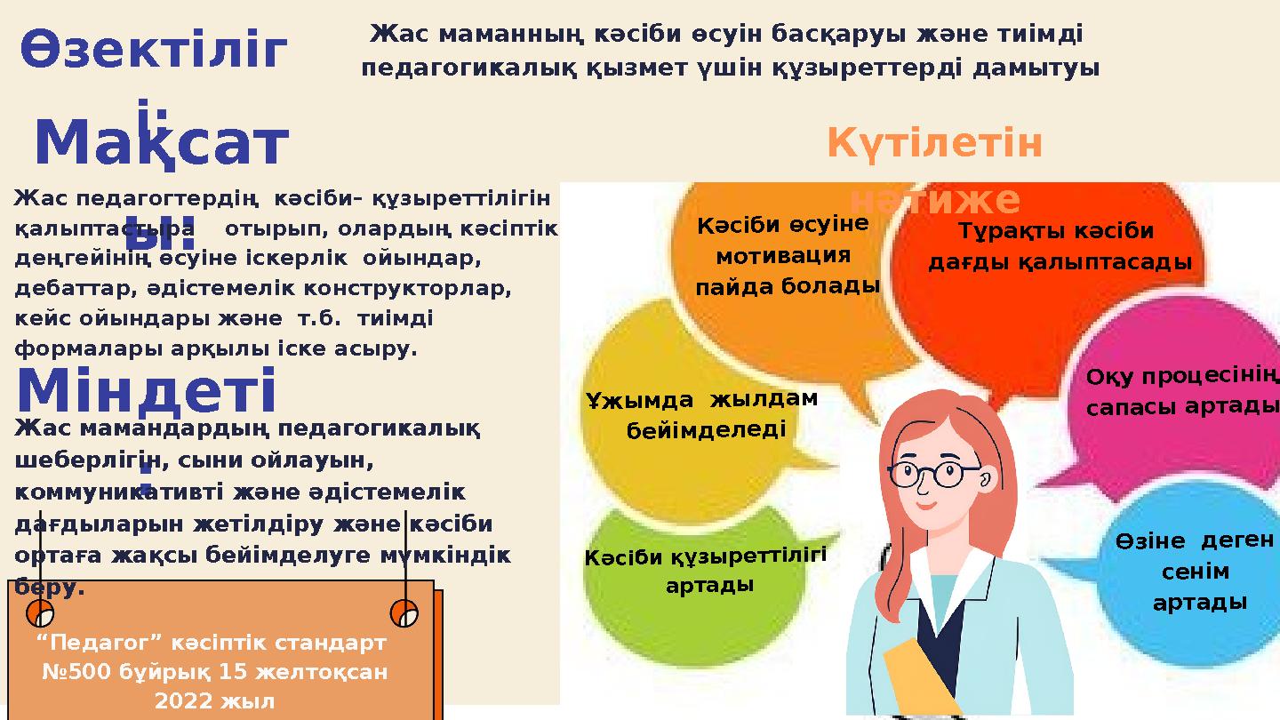 Мақсат ы: Жас педагогтердің кәсіби– құзыреттілігін қалыптастыра отырып, олардың кәсіптік деңгейінің өсуіне іскерлік ойы