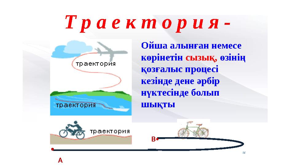 Т р а е к т о р и я - 16 Ойша алынған немесе көрінетін сызық, өзінің қозғалыс процесі кезінде дене әрбір нүктесінде болып ш