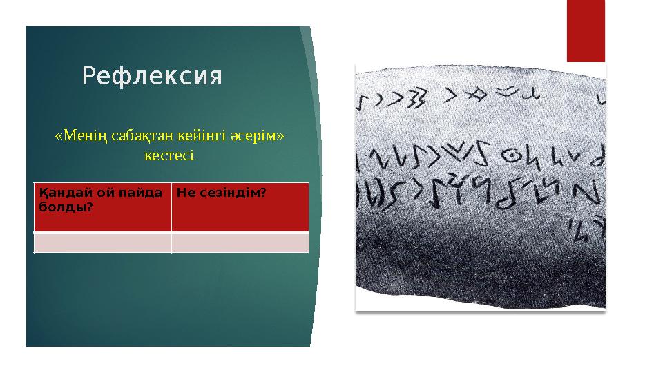 Рефлексия «Менің сабақтан кейінгі әсерім» кестесі Қандай ой пайда болды? Не сезіндім?