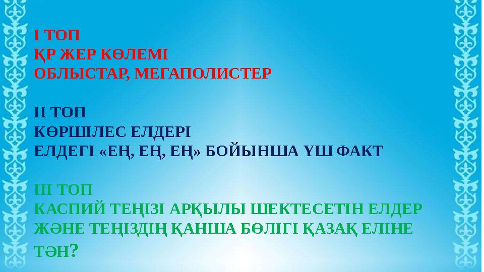 І ТОП ҚР ЖЕР КӨЛЕМІ ОБЛЫСТАР, МЕГАПОЛИСТЕР ІІ ТОП КӨРШІЛЕС ЕЛДЕРІ ЕЛДЕГІ «ЕҢ, ЕҢ, ЕҢ» БОЙЫНША ҮШ ФАКТ ІІІ ТОП КАСПИЙ ТЕҢІЗІ АРҚЫ